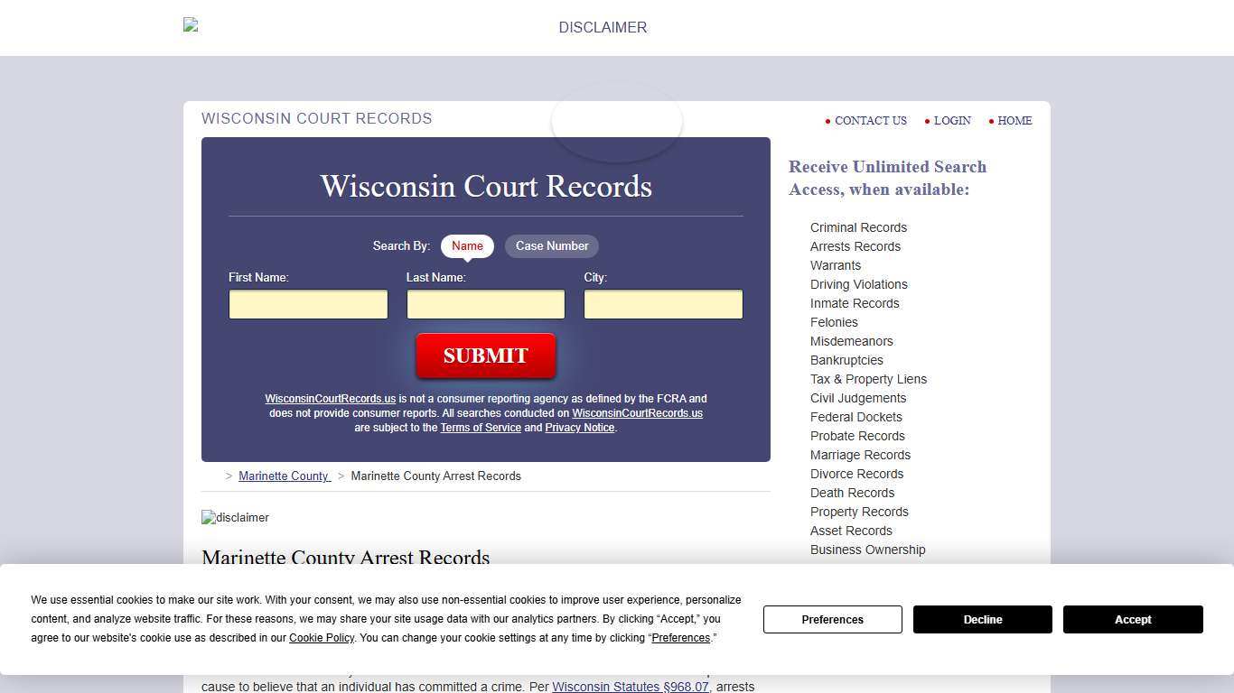 Marinette County Arrest Records WisconsinCourtRecords.us