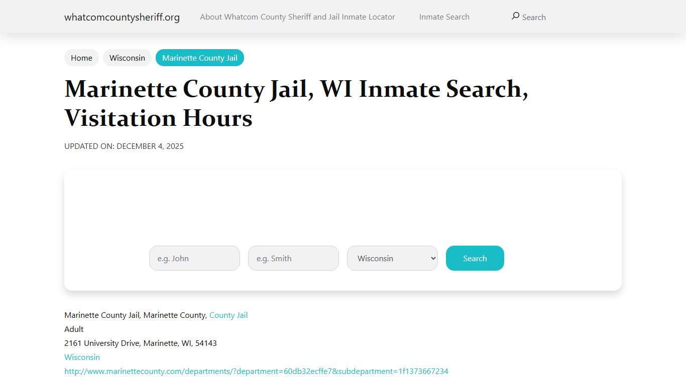 Marinette County Jail, WI Inmate Search, Visitation Hours